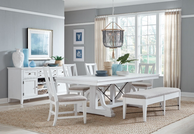 Whitewashed Trestle Dining Table in Coastal Cottage Dining Set