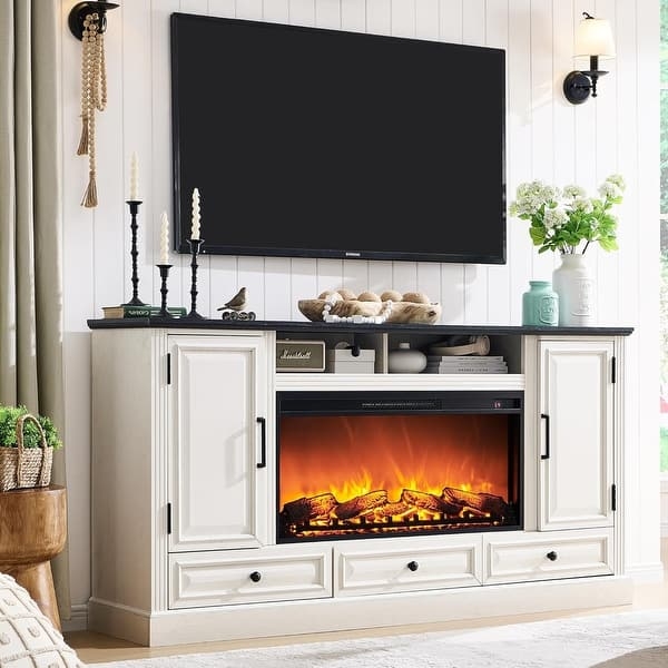 Whitewashed TV Stand with Black Contrast Top and Drawers