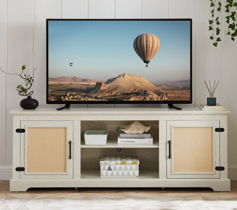 Whitewashed TV Stand with Rattan Door Panels
