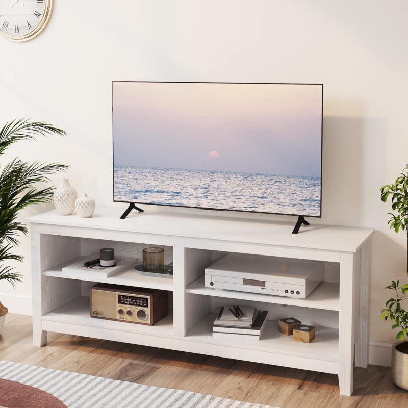 Whitewashed Wood TV Stand with Four Open Storage Shelves