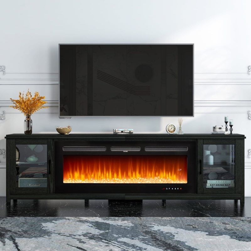 Wide Black Fireplace TV Stand with 50-Inch Insert & Glass Doors