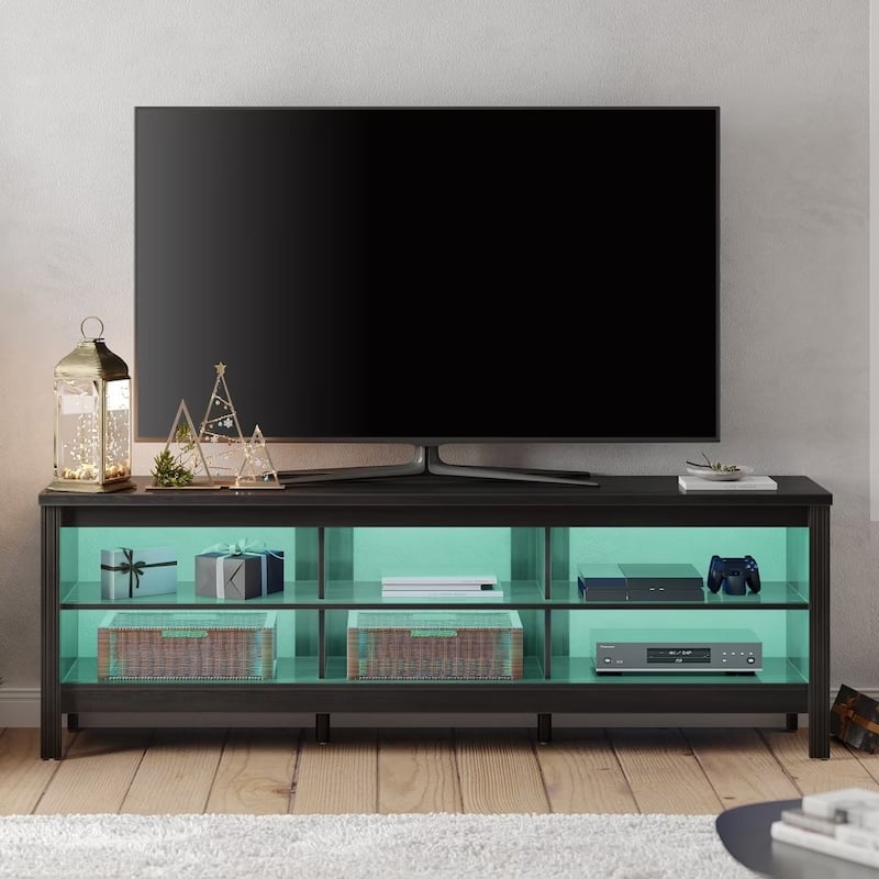 Wide Console for 75 Inch TV with Teal LED and Glass Shelving