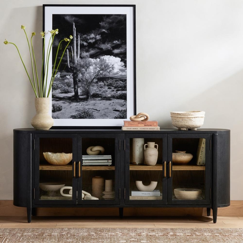 Wide Curved End Sideboard with Glass Doors and Brass Pulls