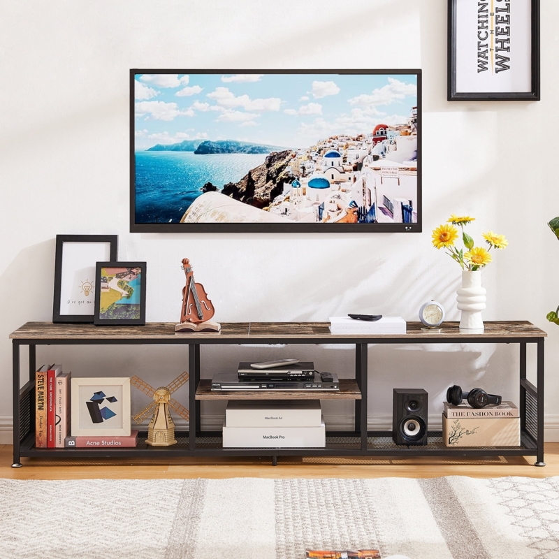 Wide Entertainment Center with Mesh Bottom Shelf Design