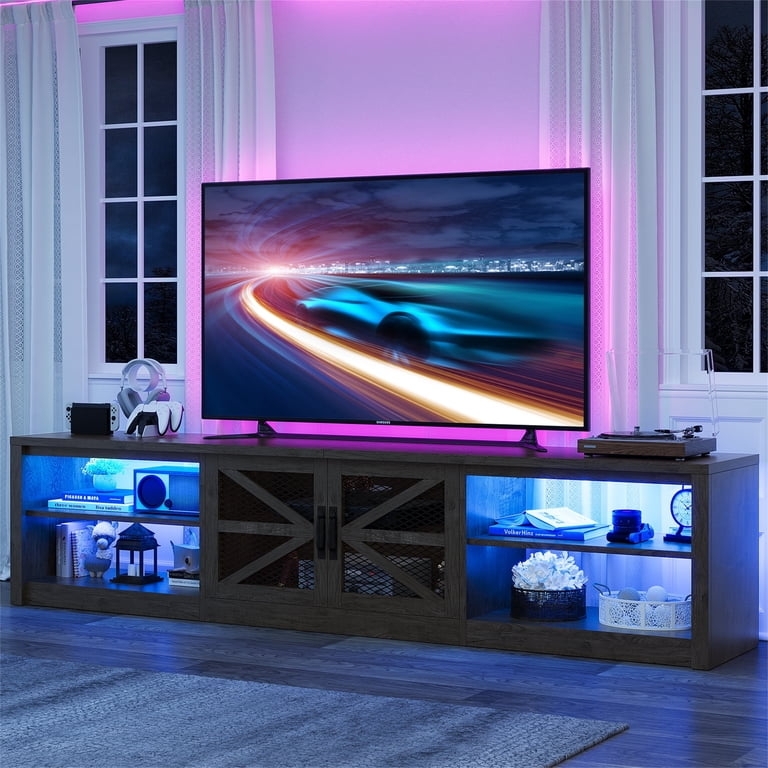 Wide Grey Oak Tv Stand with Mesh Door Panels and Blue LED Accents.