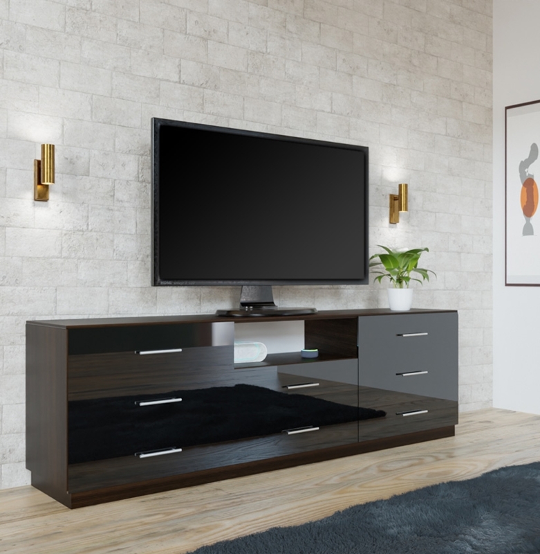 Wide Media Console with Glossy Glass Fronts and Mixed Media Frame