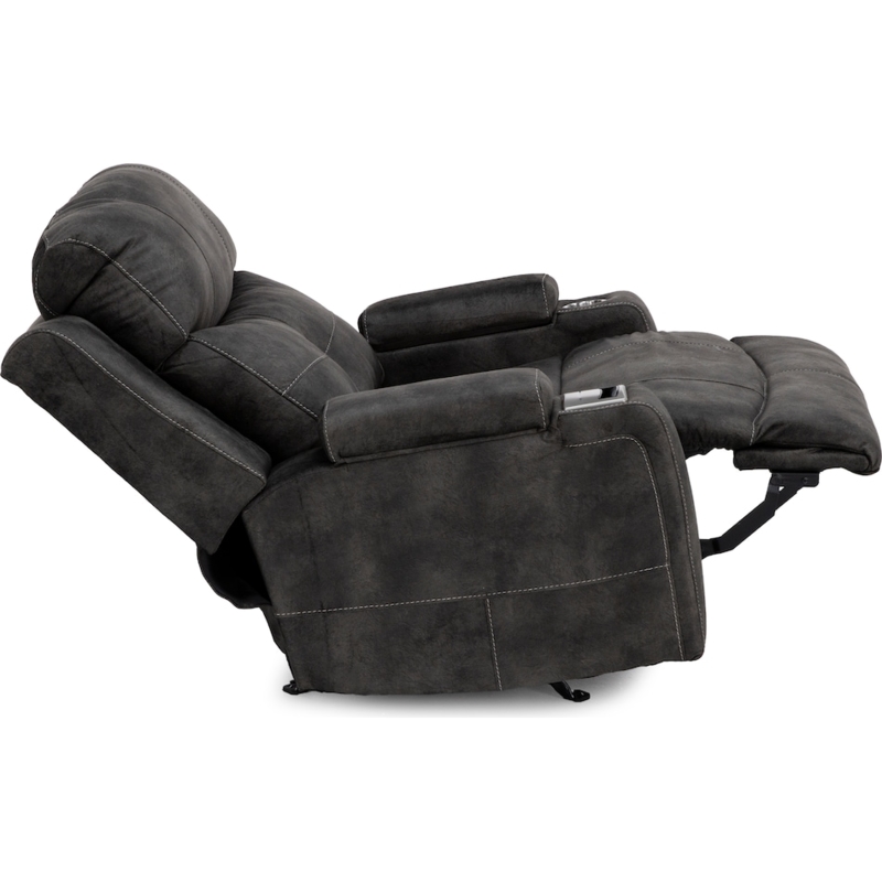 Wide Power Recliner in Charcoal Grey with Storage and Cup Holders.