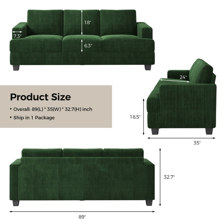 Wide Ribbed Sofa Dark Green Corduroy 89 Inch Deep Seat