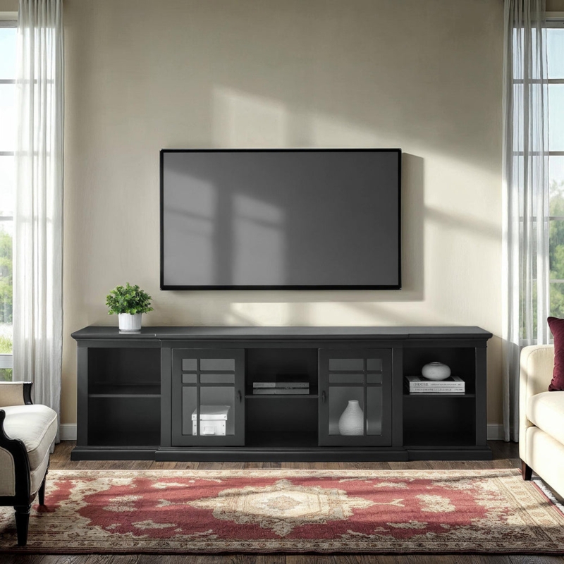Wide Transitional Media Console with Mullion Glass Doors