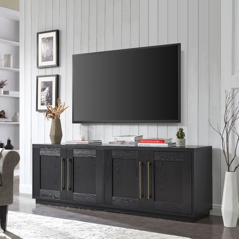 Wide Tv Stand Black Wood Grain Gold Bar Pulls Four Door Console
