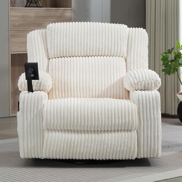 Wide Wale Corduroy Recliner in White with Swivel Rocker Base