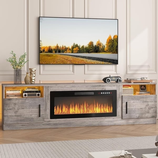 Wide Weathered Gray TV Stand with Under Shelf LEDs