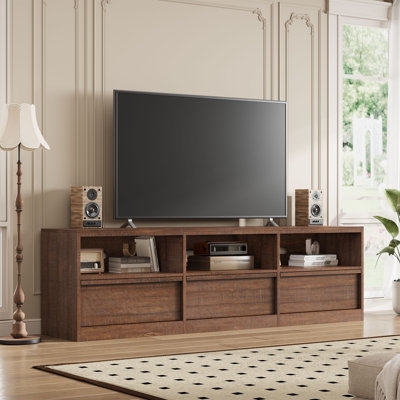 Wide Wood TV Stand Mid Century with Drawers and Open Shelving.