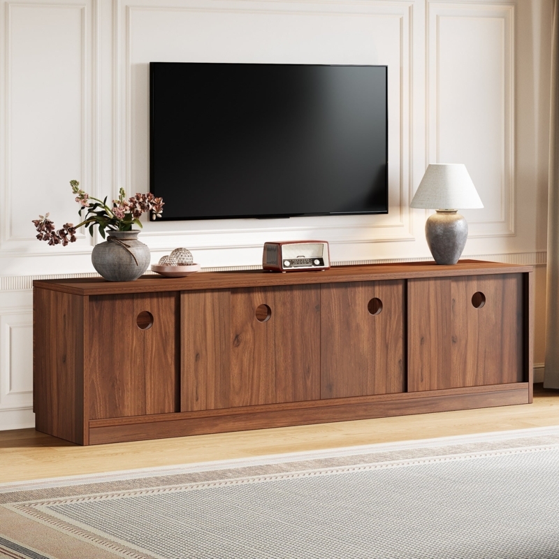 Wide Wood TV Stand, Rustic Brown, Sliding Doors with Circular Cutouts