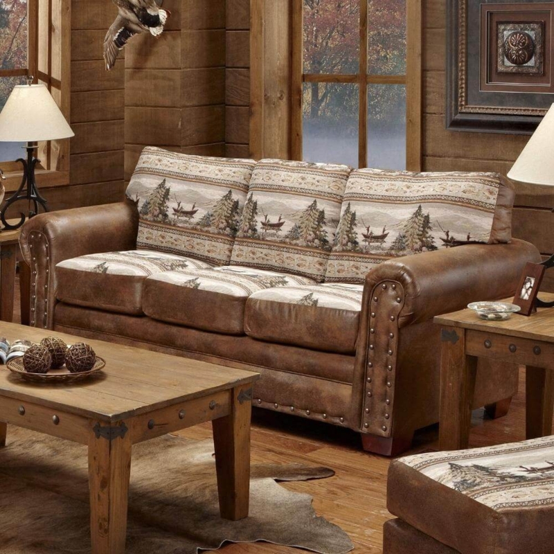 Wilderness Tapestry Couch with Leather-Like Rolled Arms