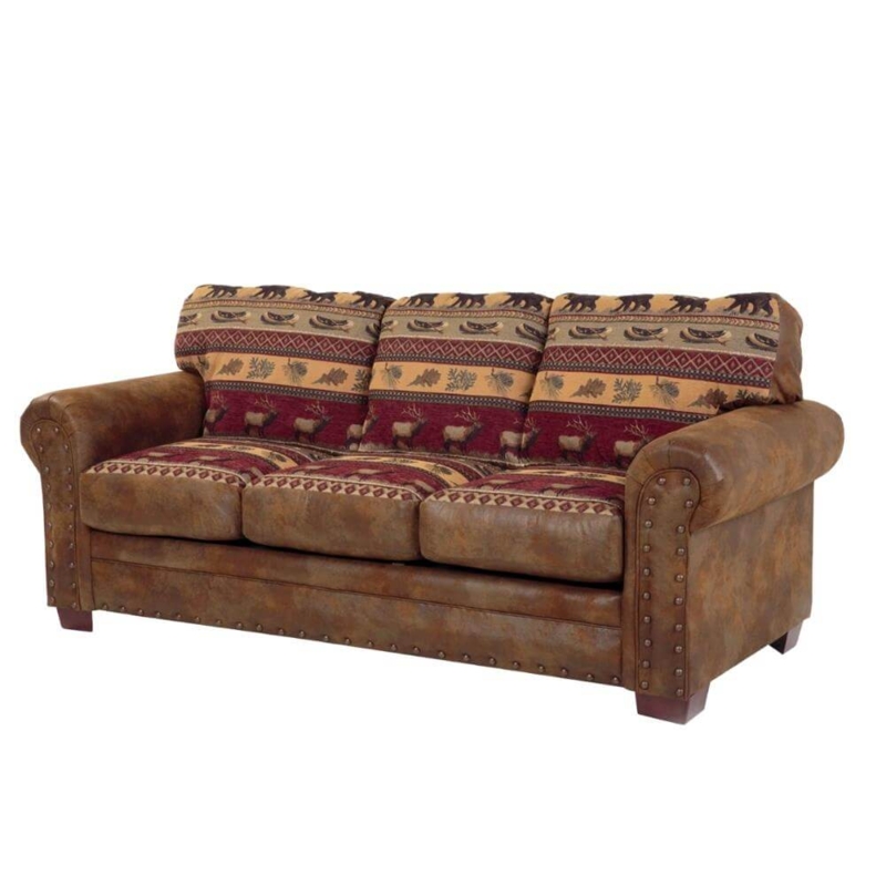 Wildlife Print Couch with Brown Leather Look and Nailhead Trim
