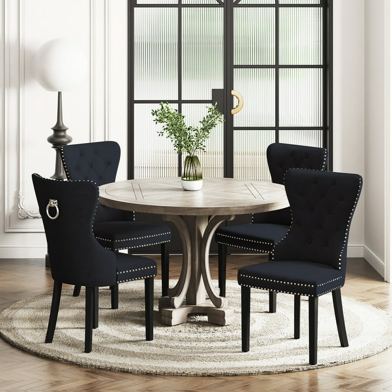 Wingback Dining Chairs Black Velvet Tufted Ring Pull Accent