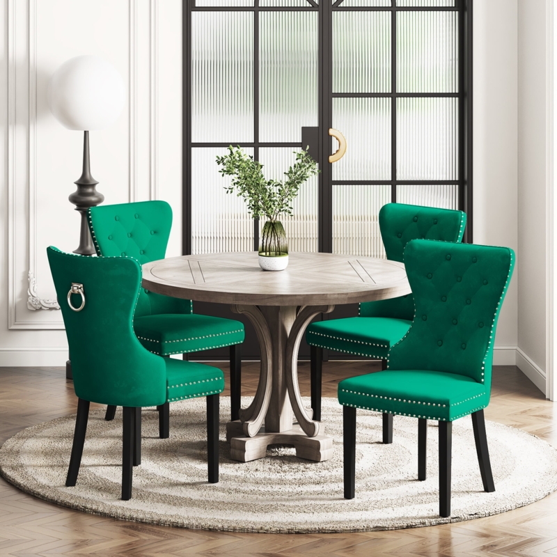Wingback Dining Chairs Velvet Button Tufted Silver Pull Ring