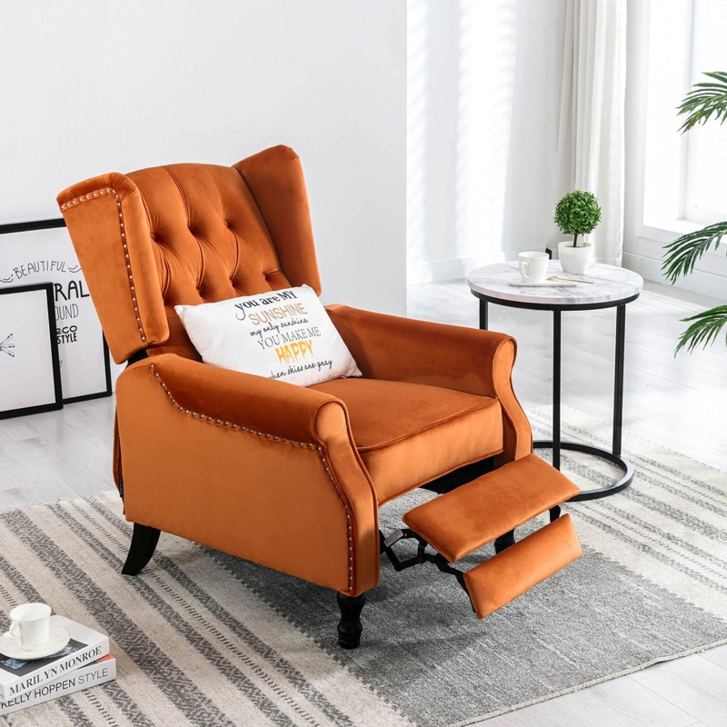 Wingback Recliner Chair Caramel Velvet Nailhead Trim Tufted