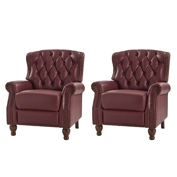 Wingback Recliner Chair in Burgundy with Nailhead Trim Details