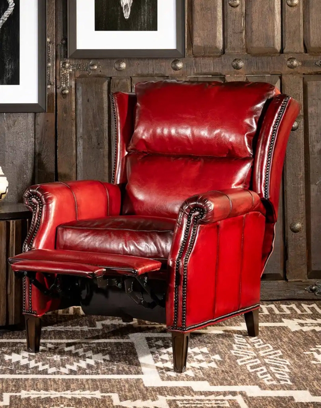 Wingback Recliner Chair, Ruby Red with Nailhead Trim Details
