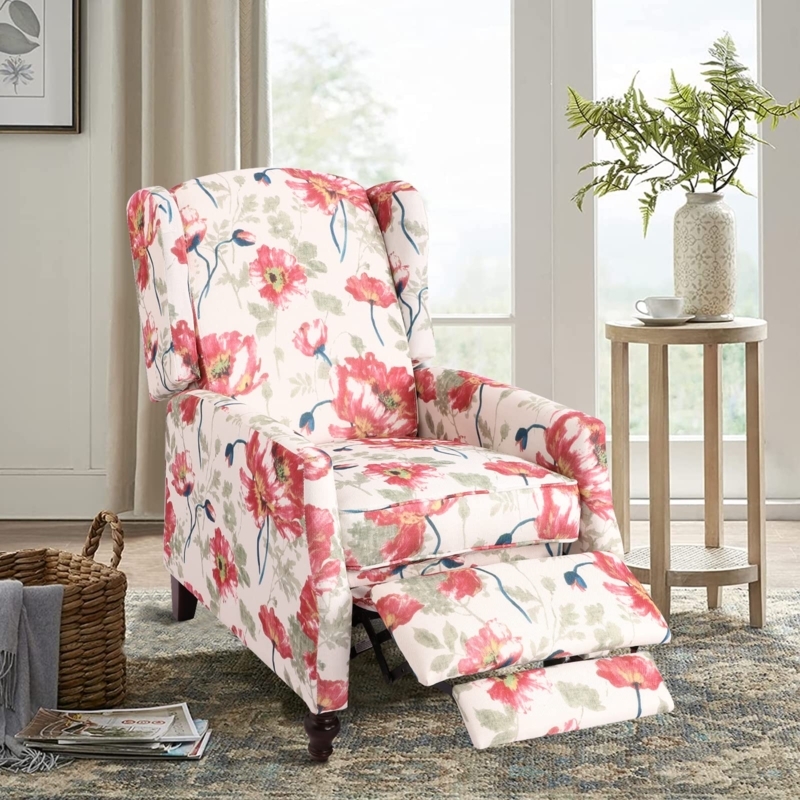 Wingback Recliner Floral Poppy Print Push Back Turned Legs