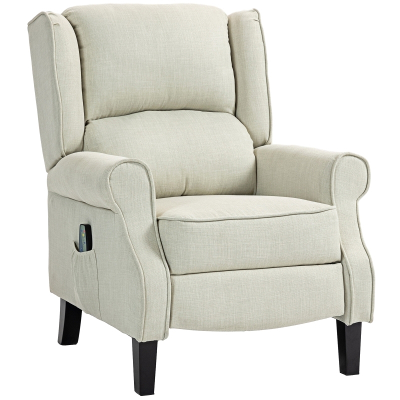 Wingback Recliner in Beige Fabric with Tapered Legs and Rolled Arms