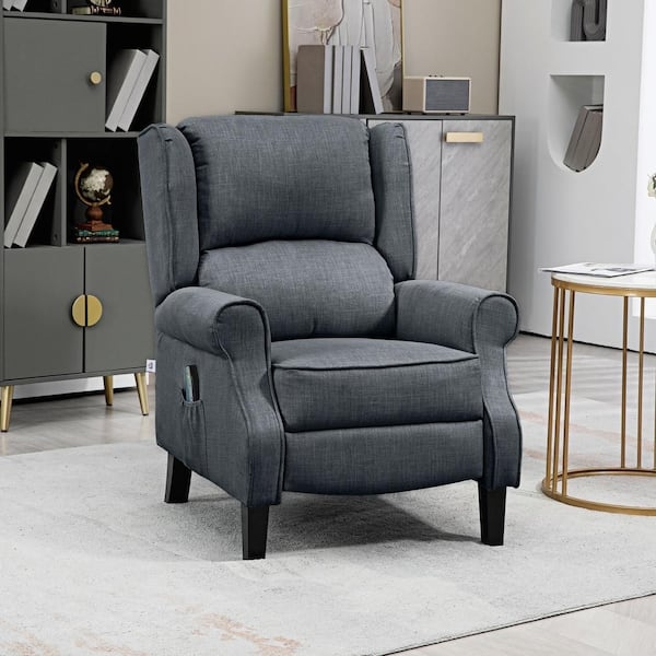 Wingback Recliner in Charcoal Gray Linen Texture with Side Pocket