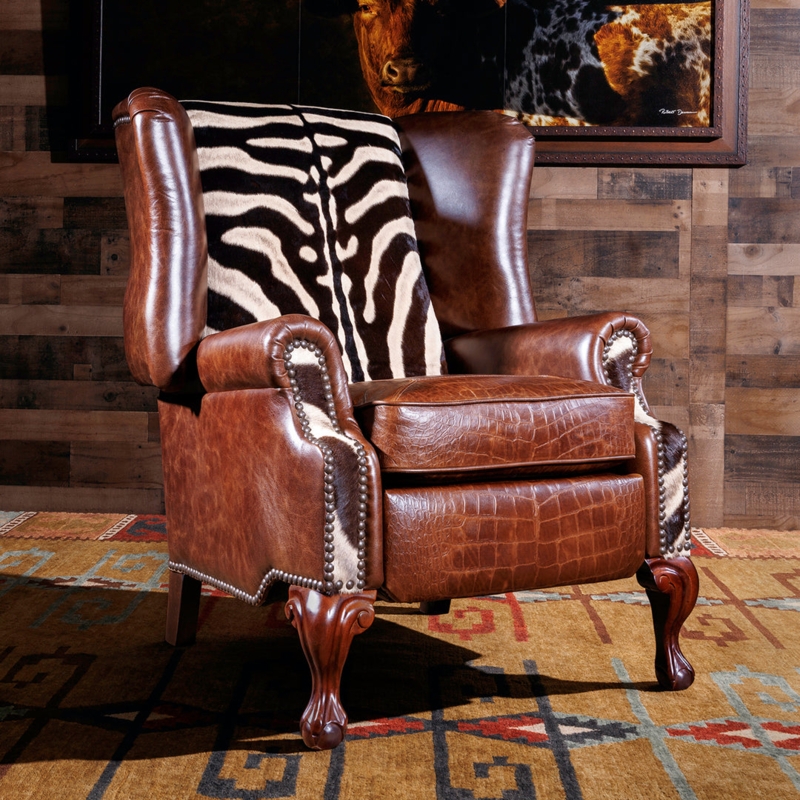 Wingback Recliner Rustic Zebra Hide Crocodile Embossed Leather