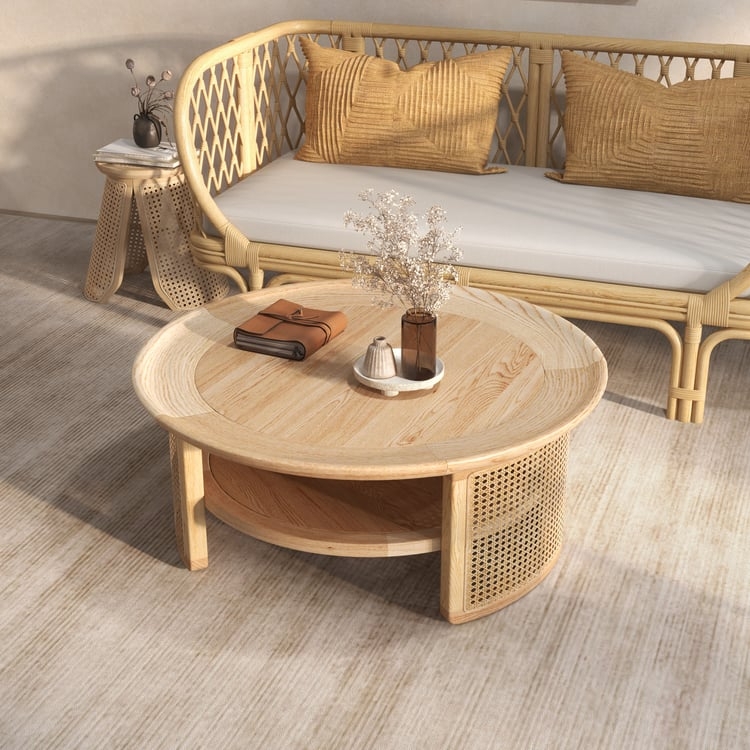 Wood and Cane Two-Tier Coffee Table, Round, Japandi Style