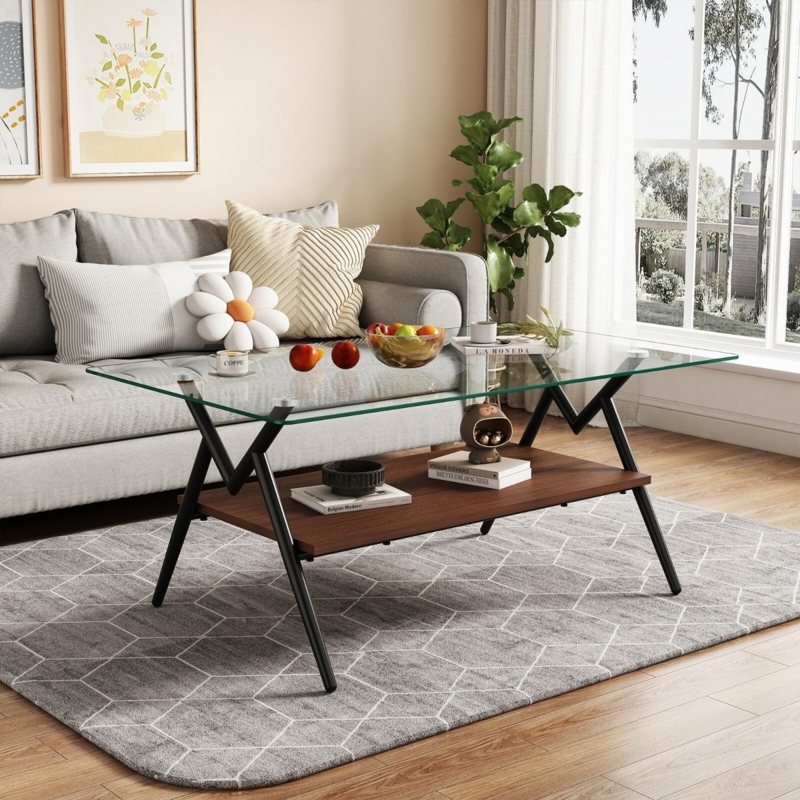 Wood and Glass Coffee Table with Black Metal X-Frame Legs