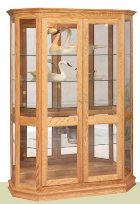 Wood Curio Cabinet with Canted Glass Sides and Mirrored Back