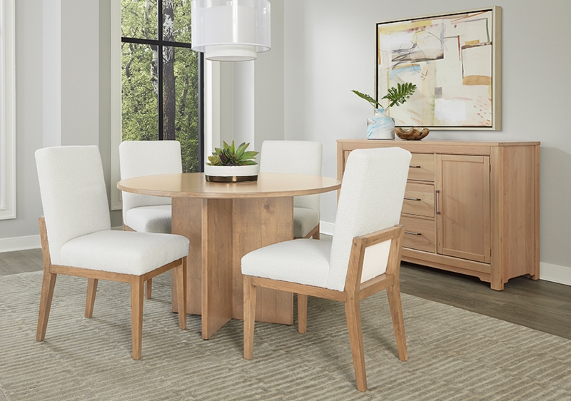 Wood Dining Table Round with Textured Boucle-Like Chairs