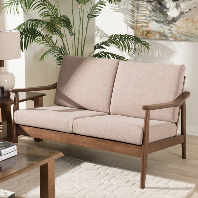 Wood Frame 2-Seater Sofa, Light Brown Fabric Angled Arms
