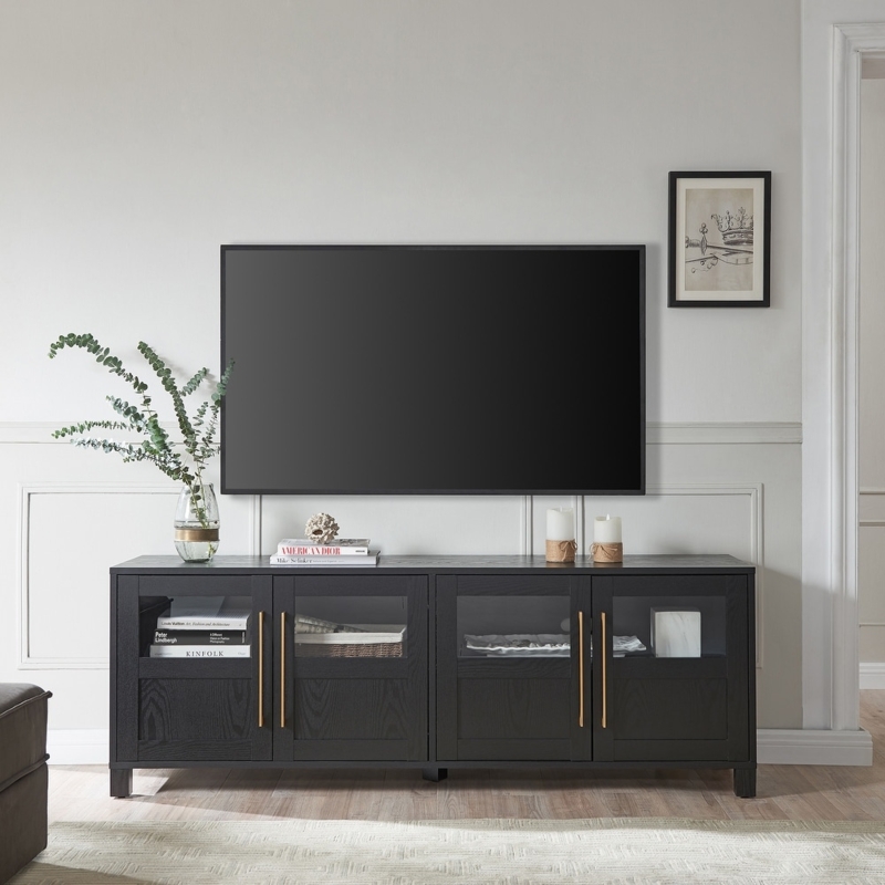 Wood Grain Media Console with Vertical Gold Handles