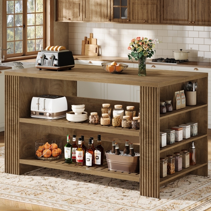 Wood Kitchen Island with Ribbed Pillars, Large Open Shelf Storage