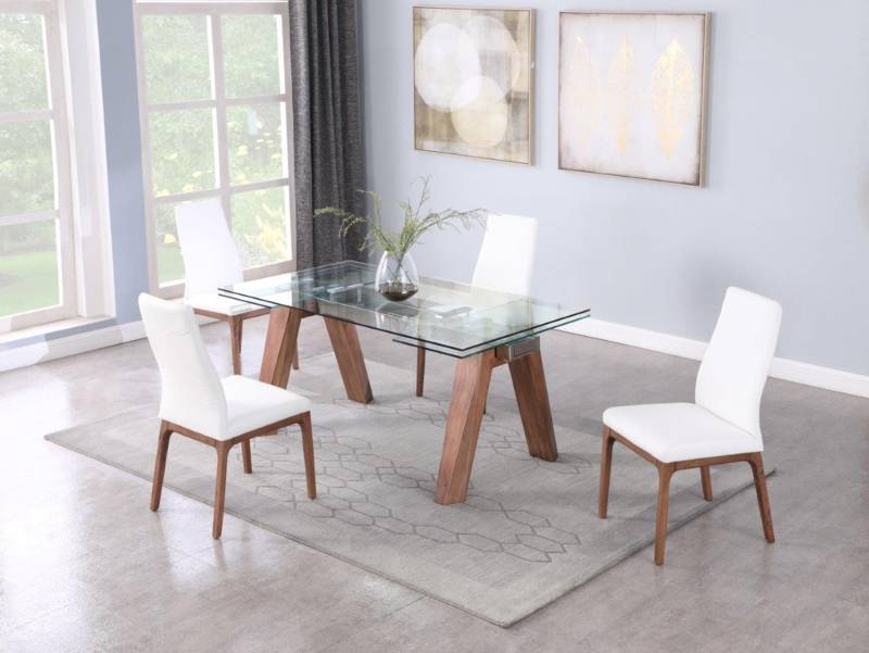 Wood Leg Glass Table with Extendable Top and Angled Base Design