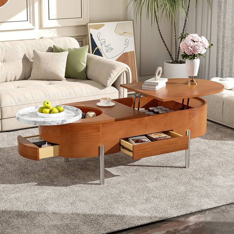 Wood Lift Top Coffee Table with Rotating Marble Tray and Drawers