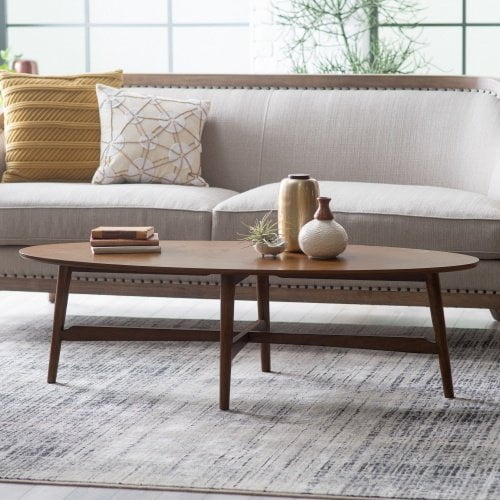 Wood Oval Coffee Table with Cross Stretcher Base and Tapered Legs