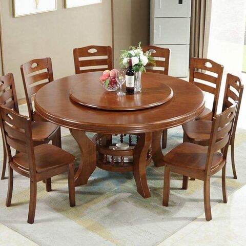Wood Pedestal Dining Set: Rotating Lazy Susan Round Table, 8 Slatted Chairs