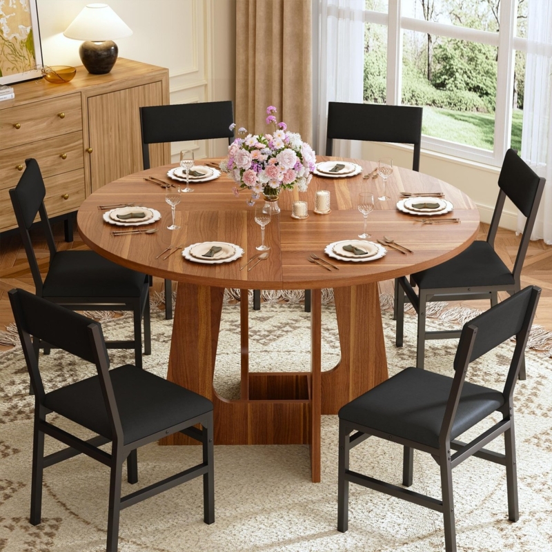 Wood Pedestal Table for 6 with Minimalist Black Open-Back Chairs