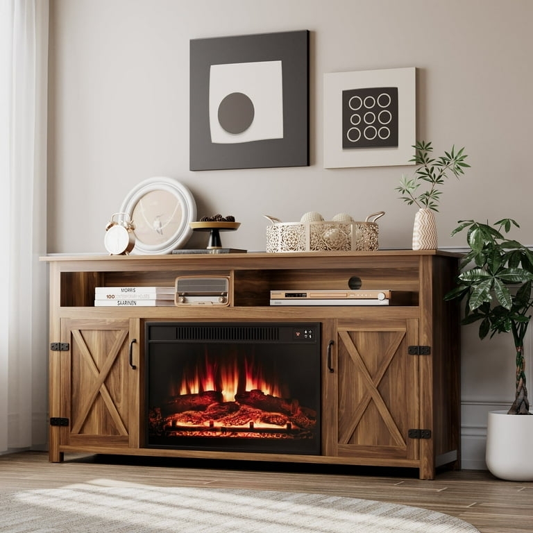 Wood Tone Fireplace TV Stand Barn Door Style Storage Console