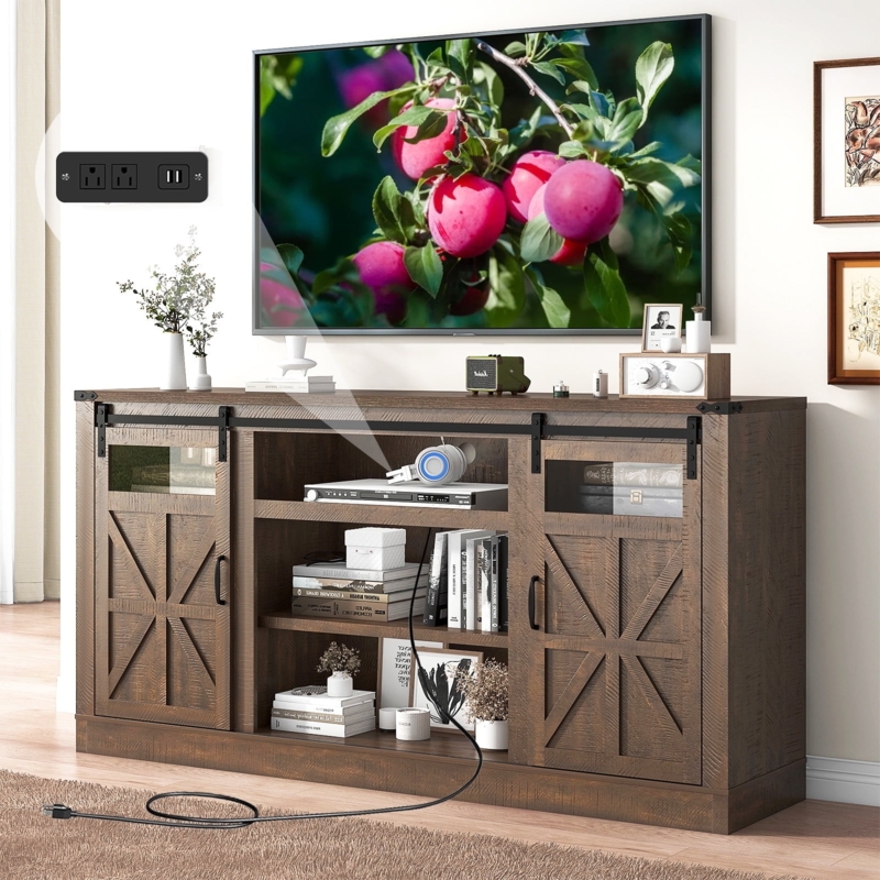 Wood Toned Farmhouse TV Stand Sliding Barn Doors Integrated Outlets