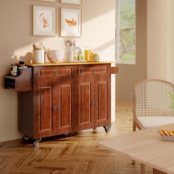 Wood Toned Kitchen Cart with Ring Pulls and Side Spice Rack