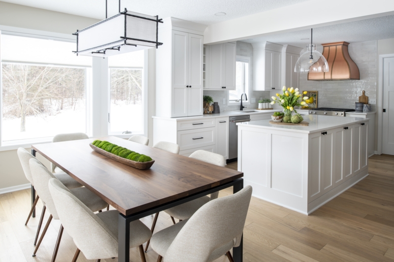 Wood Top Dining Table with Black Metal Base in Farmhouse Kitchen