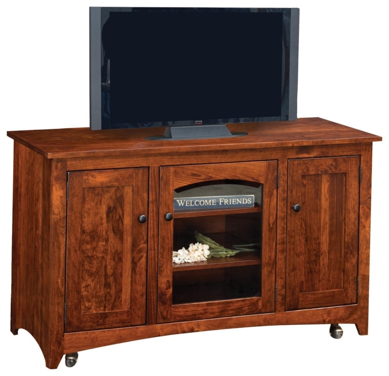 Wood TV Stand With Casters, Arched Glass Door, Knob Pulls