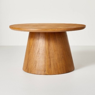 Wooden Coffee Table Round Conical Pedestal Base Natural Finish