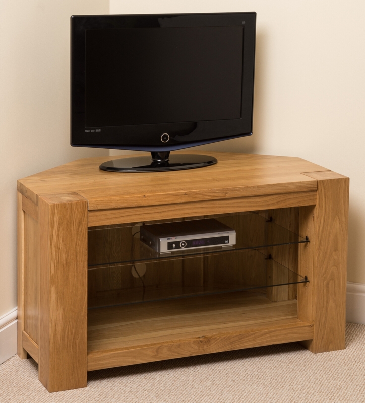Wooden Corner TV Stand with Chunky Posts and Glass Shelves
