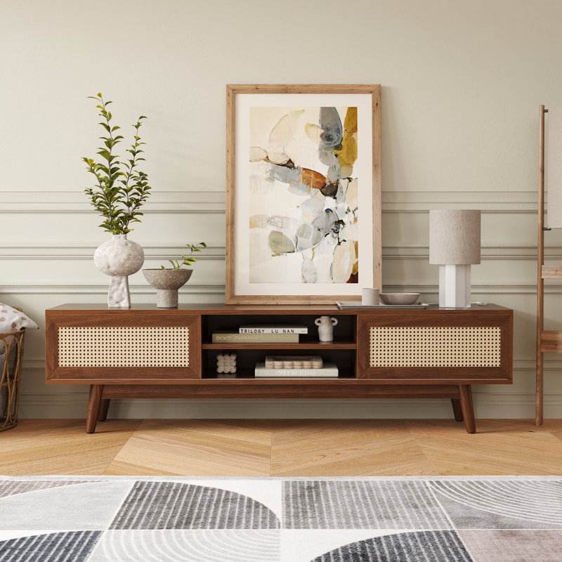 Woven Cane Door TV Stand with Open Shelving