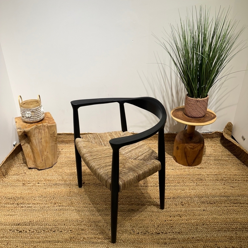 Woven Cane Seat Dining Armchair, Black Wood Mid Century Modern